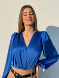 Body in raso scollo a V blu elettrico