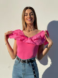 Body scollo a barchetta con Rouches Fuxia