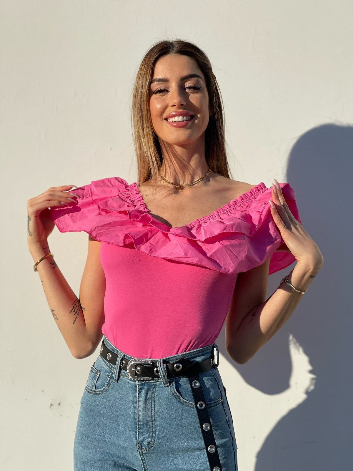 Body scollo a barchetta con Rouches Fuxia