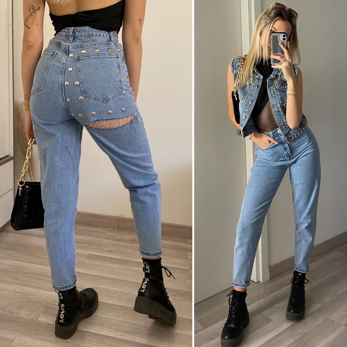 Jeans con strappo e borchie