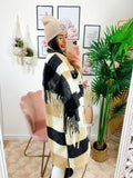 Giacca a quadri Beige nero lunga con frange