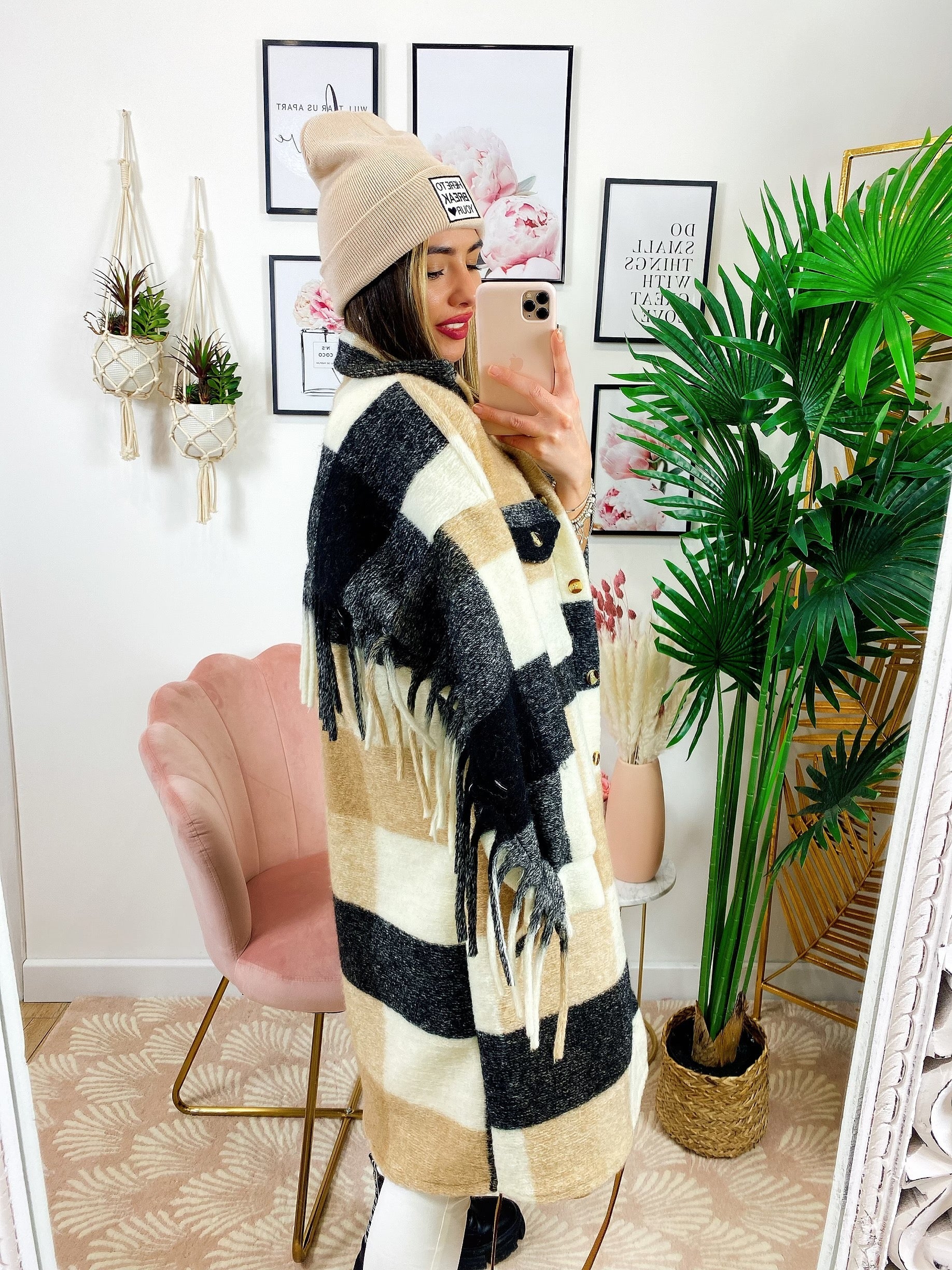Giacca a quadri Beige nero lunga con frange