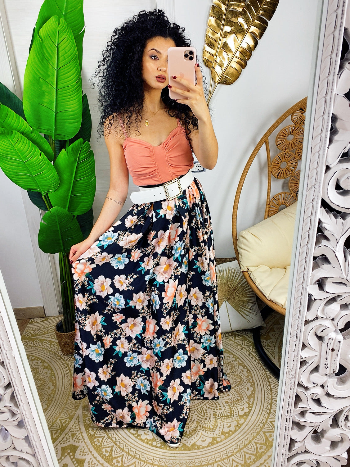 Maxi gonna in raso con fiori multicolore