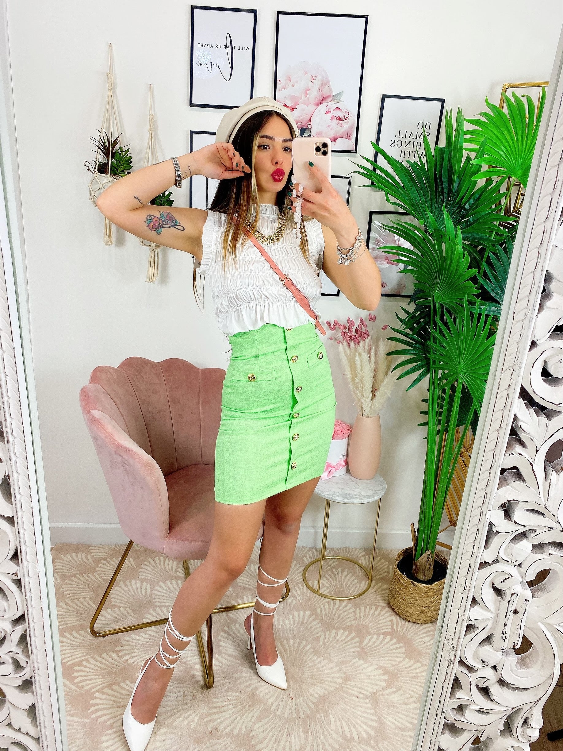 Gonna midi con bottoni menta