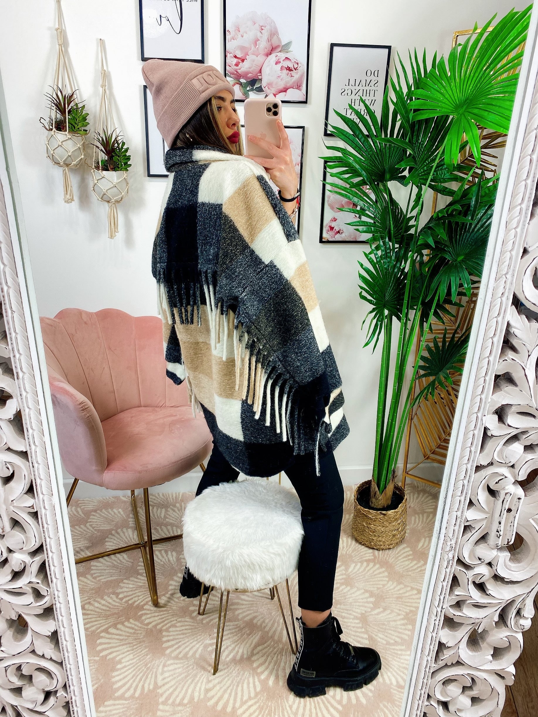 Giacca a quadri Beige con frange