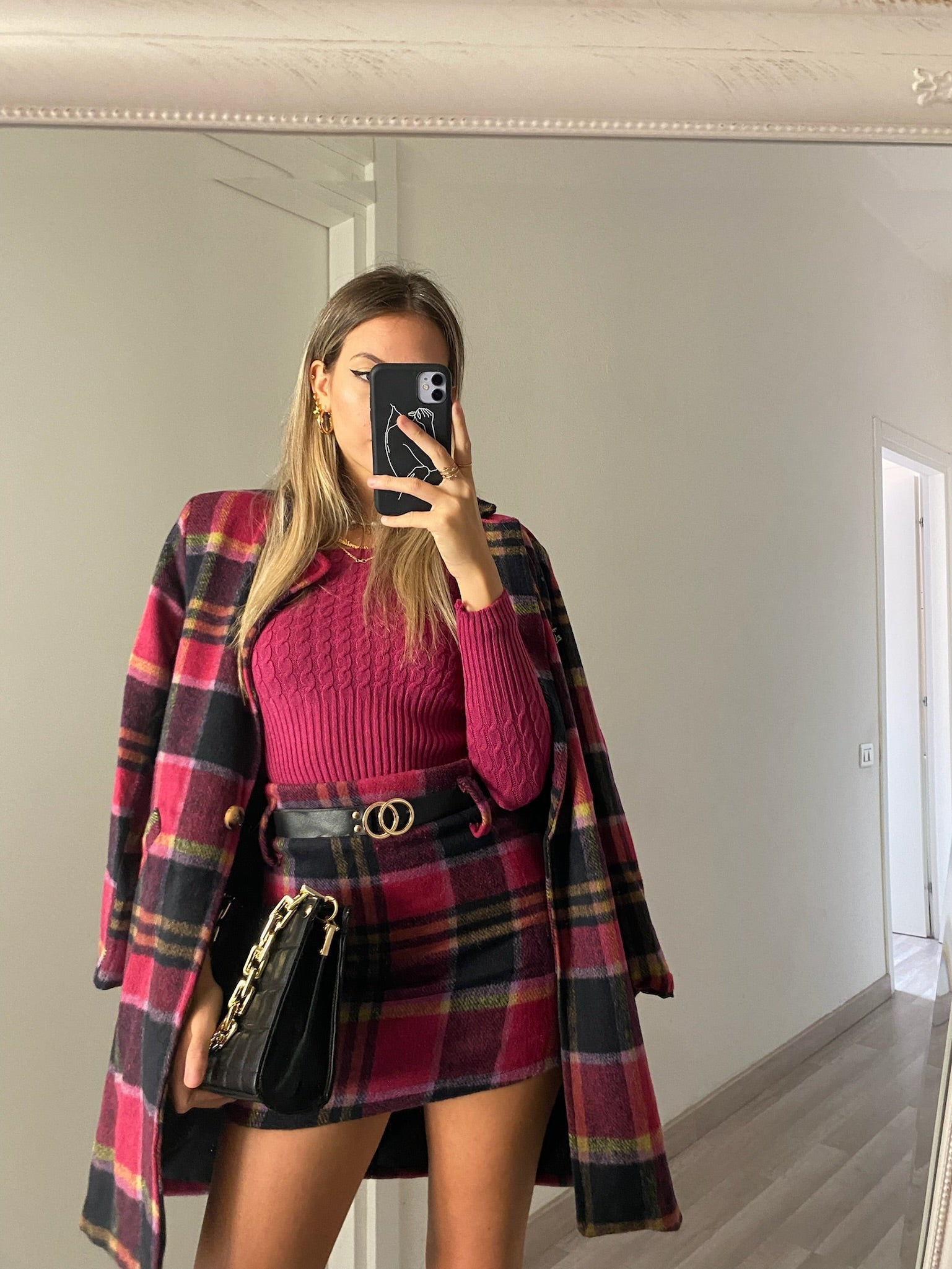 Cappotto check fucsia nero