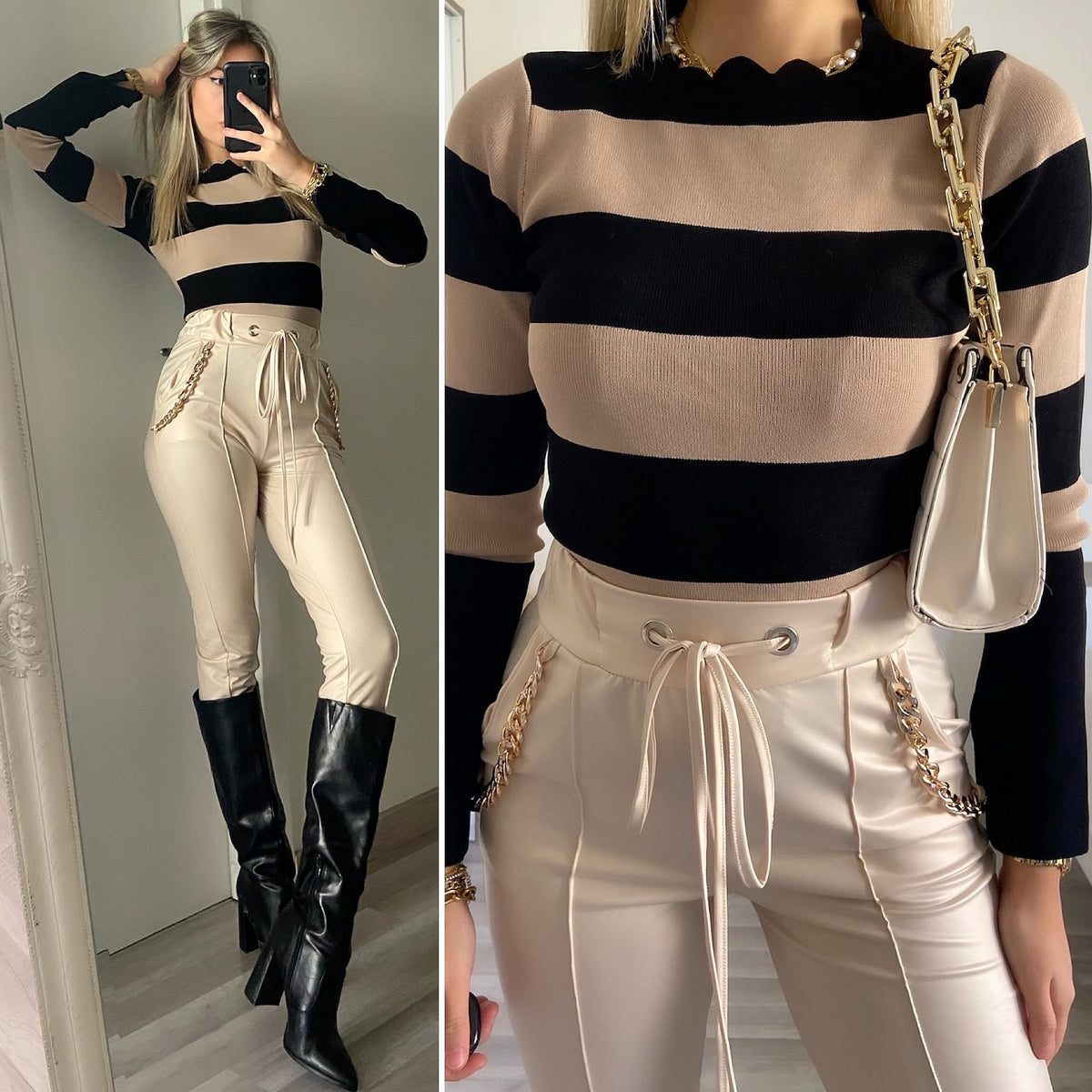 Leggins in eco-pelle con catene beige
