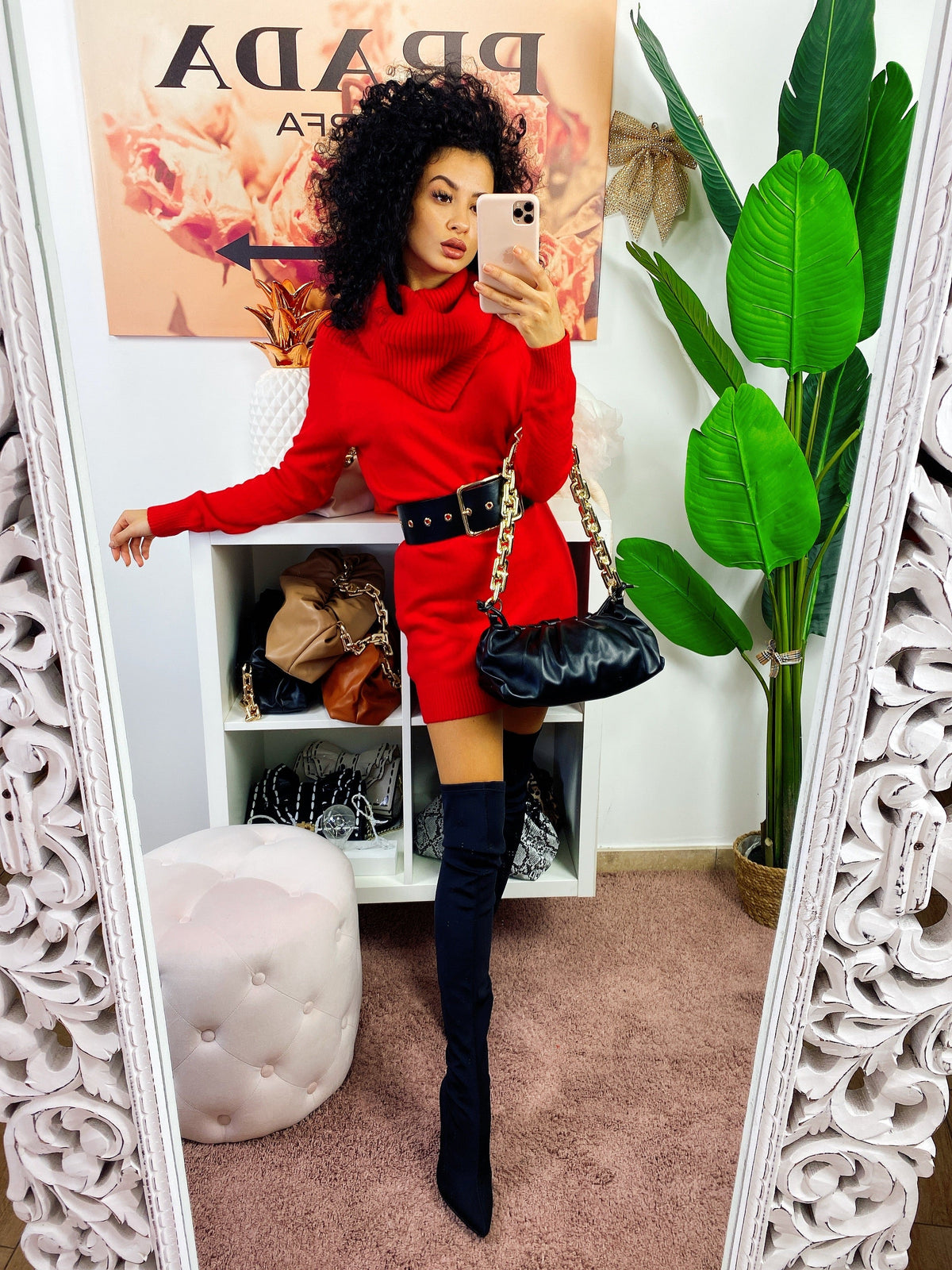 Abito in maglia collo alto rosso