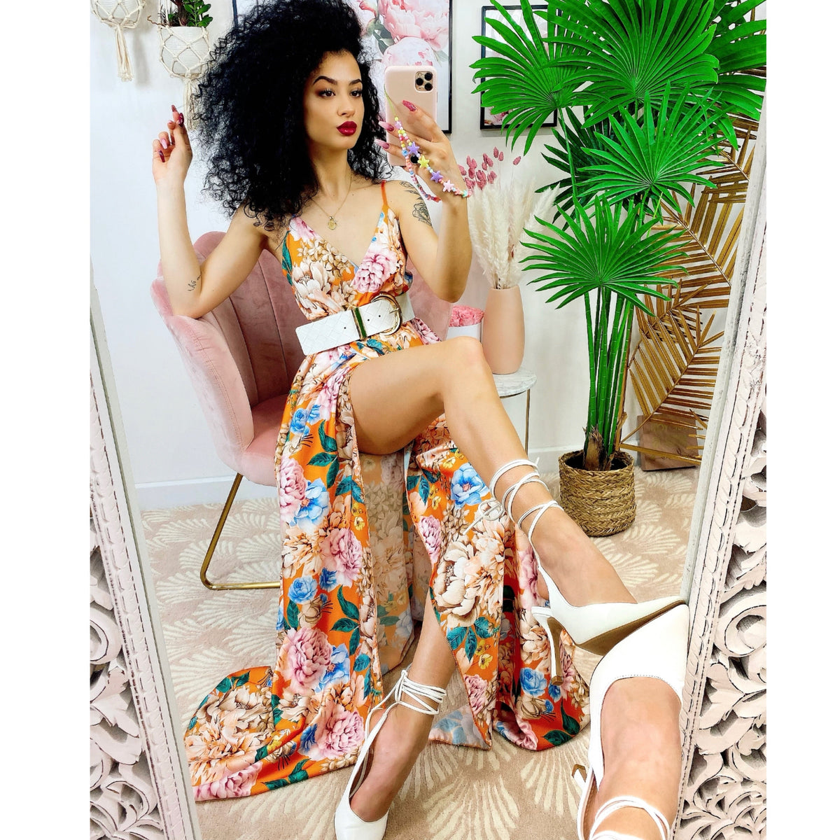 Dress Lungo con maxi spacco fiori arancio