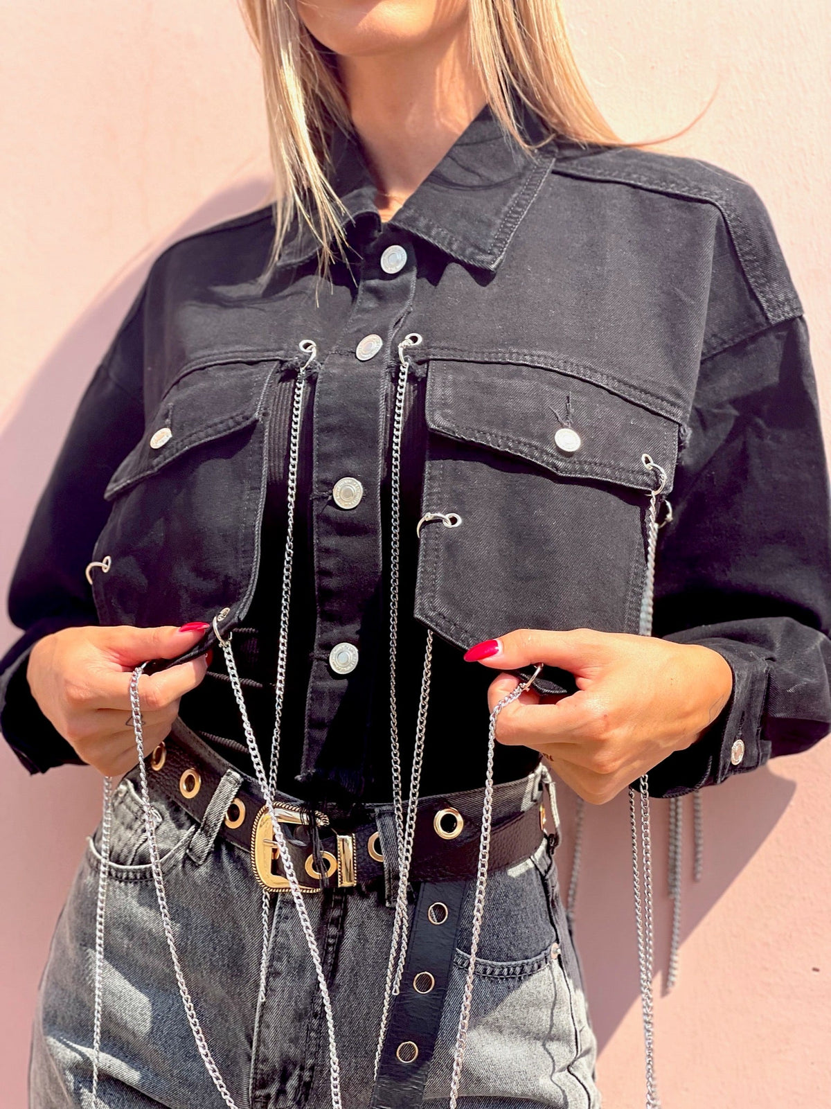 Giacca in jeans nero con frange
