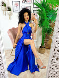 Abito in raso con maxi incrociato blu
