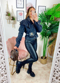 Giacca di jeans nero con rouches e marsupio