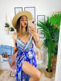 Abito maxi spacco fantasia blu