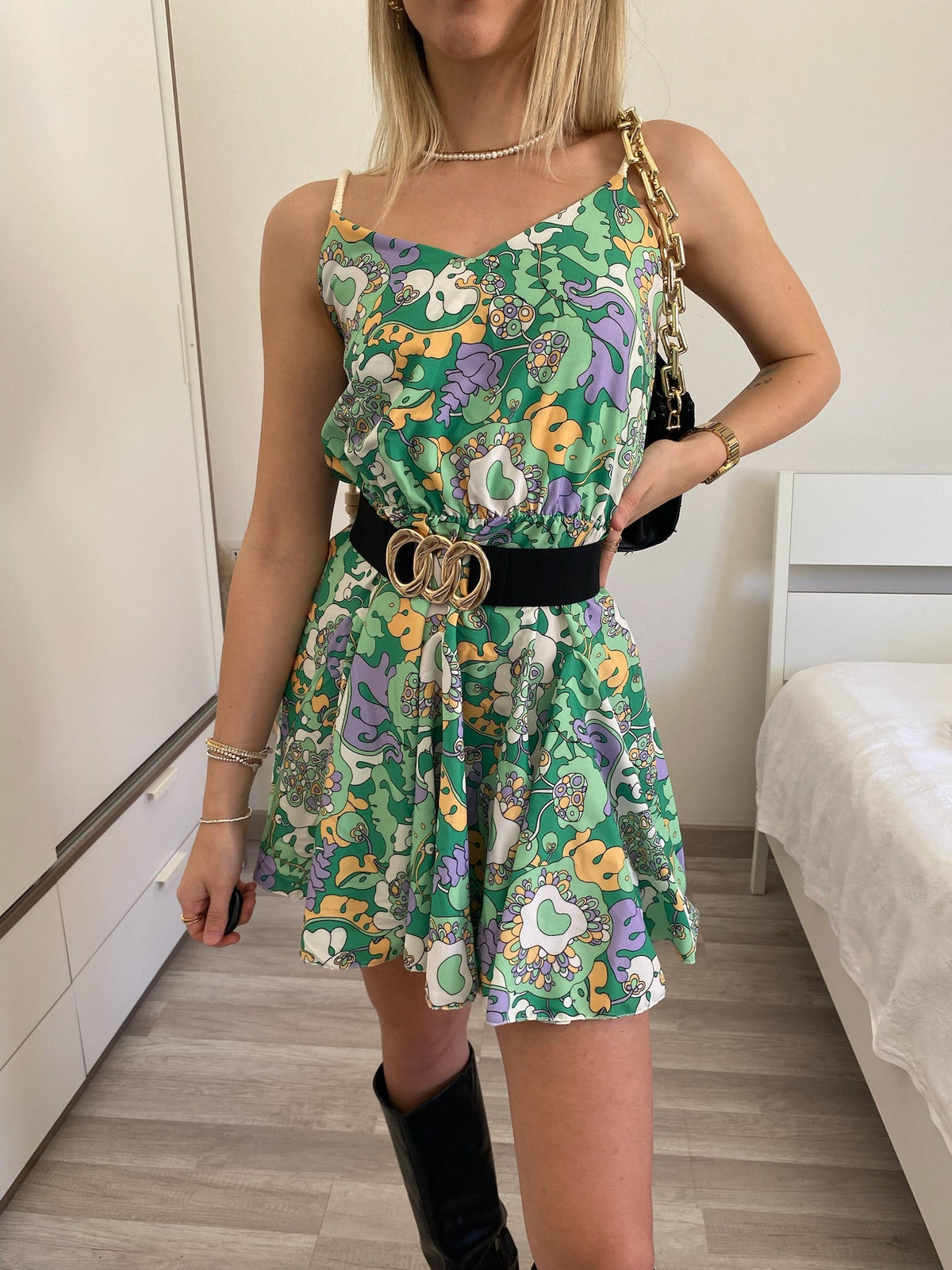 Abito verde e lilla spalline in corda