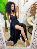 Abito in raso con maxi spacco nero