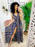 Dress Lungo con maxi spacco blu e arancione