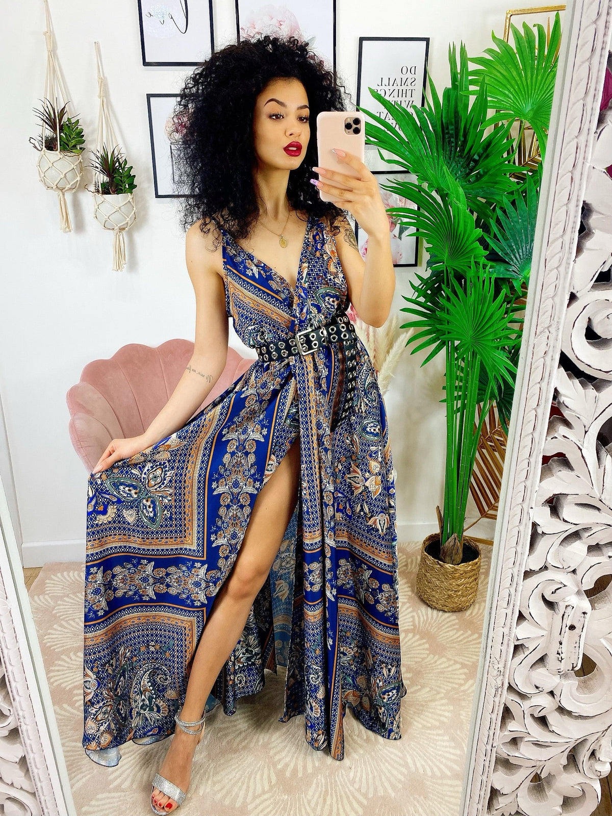Dress Lungo con maxi spacco blu e arancione