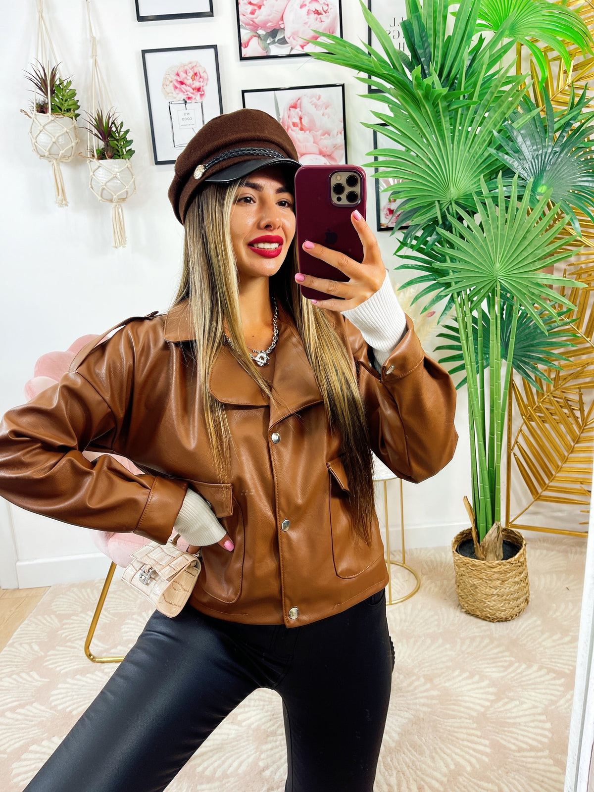 Giacca Camel in ecopelle con bottoni