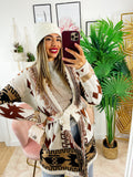 Cardigan Camel/Black con frange e cinta