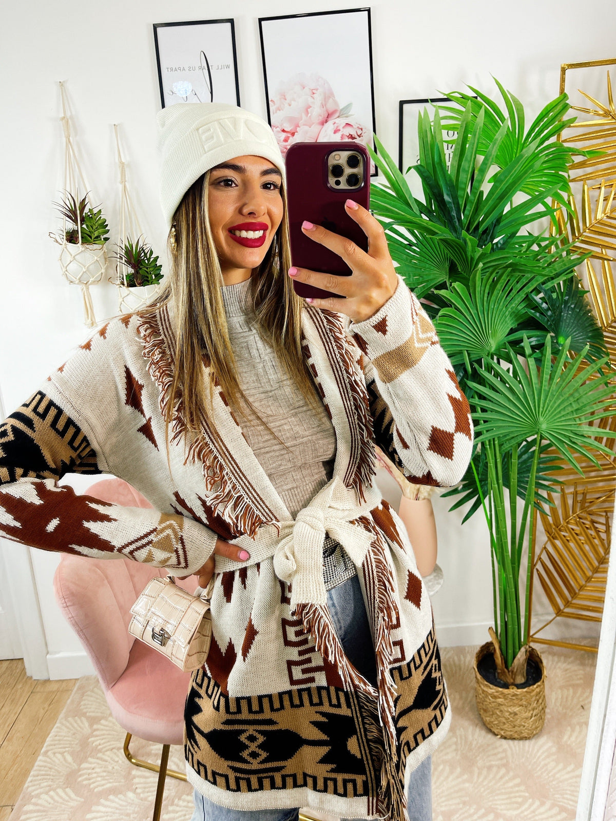 Cardigan Camel/Black con frange e cinta