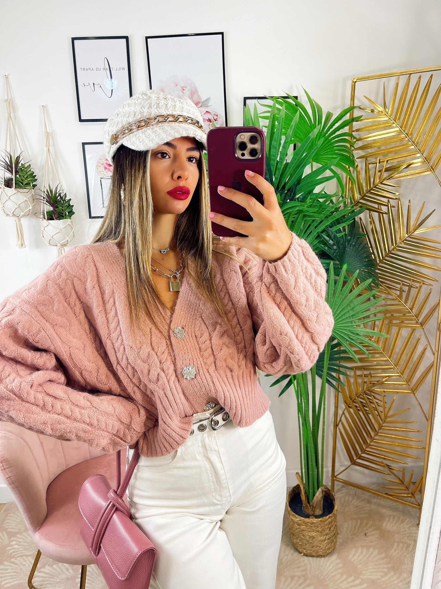 Maglione top quality rosa con gioiello in strass