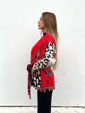 Cardigan con frange e cintura rosso
