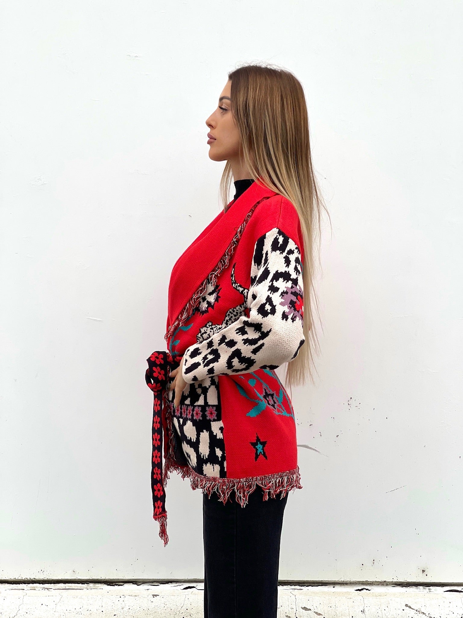 Cardigan con frange e cintura rosso