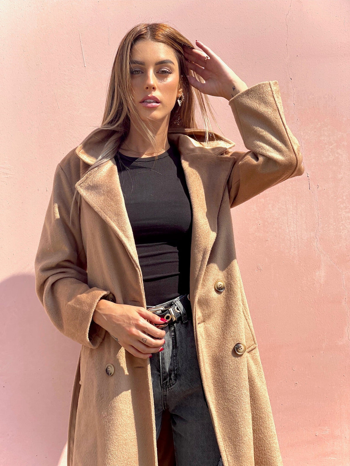 Cappotto lungo Camel con cintura