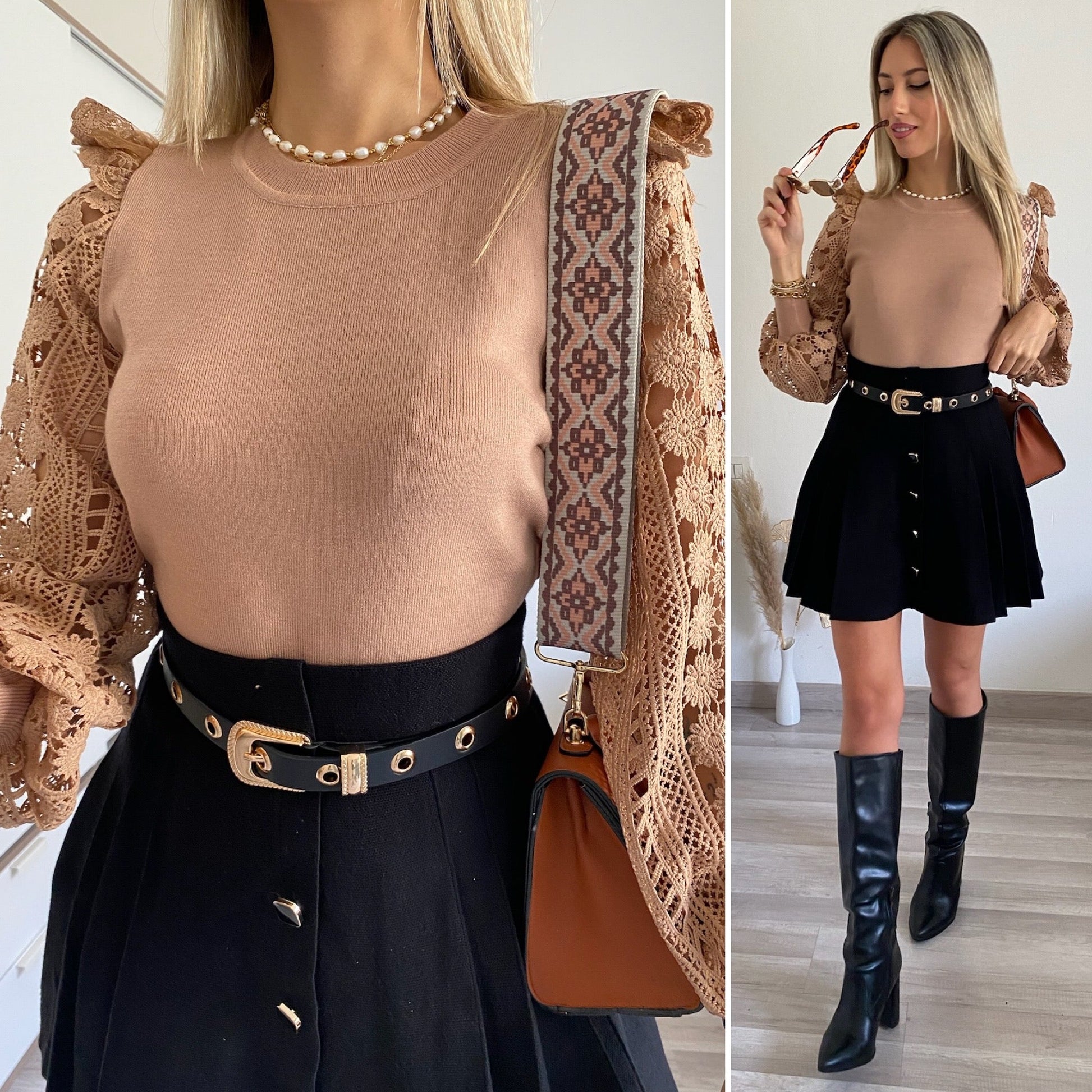 Maglioncino Camel con maniche in pizzo