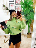 Maglione collo alto con rose verde