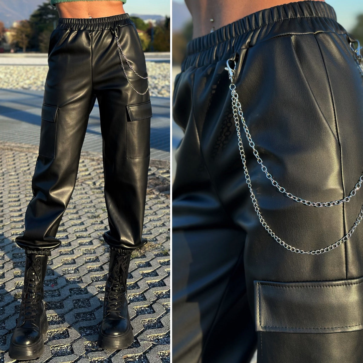 Pantalone in ecopelle con catenina nero