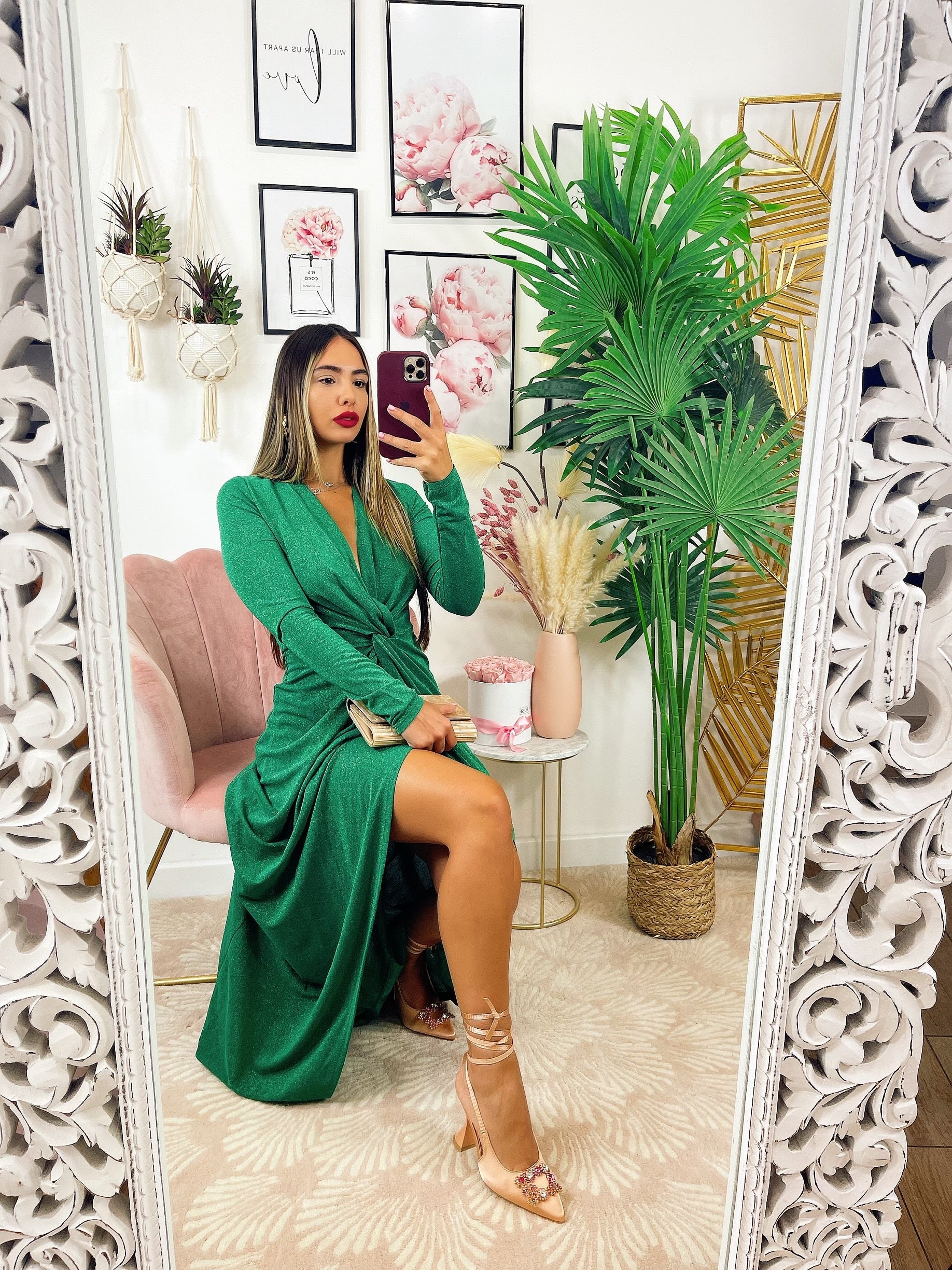 Abito glitterato lungo con nodo Verde smeraldo