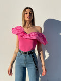 Body scollo a barchetta con Rouches Fuxia