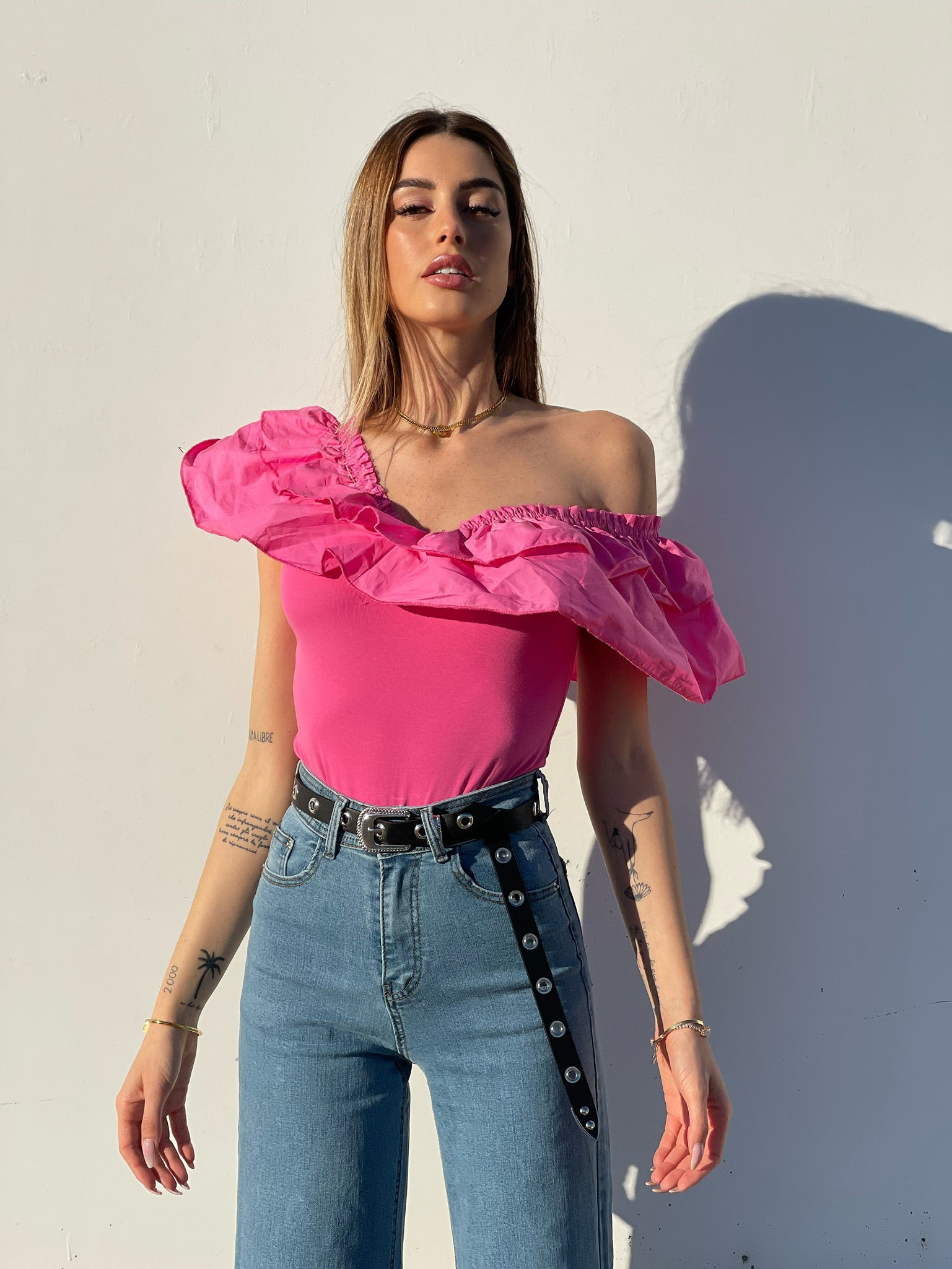 Body scollo a barchetta con Rouches Fuxia