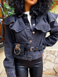 Giacca di jeans nero con rouches e marsupio