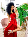 Abito midi raso con maxi spacco rosso