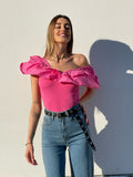 Body scollo a barchetta con Rouches Fuxia
