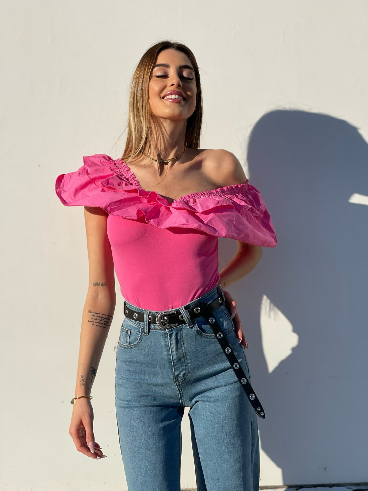 Body scollo a barchetta con Rouches Fuxia