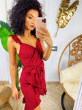 Abito corto bordeaux con gonna incrociata