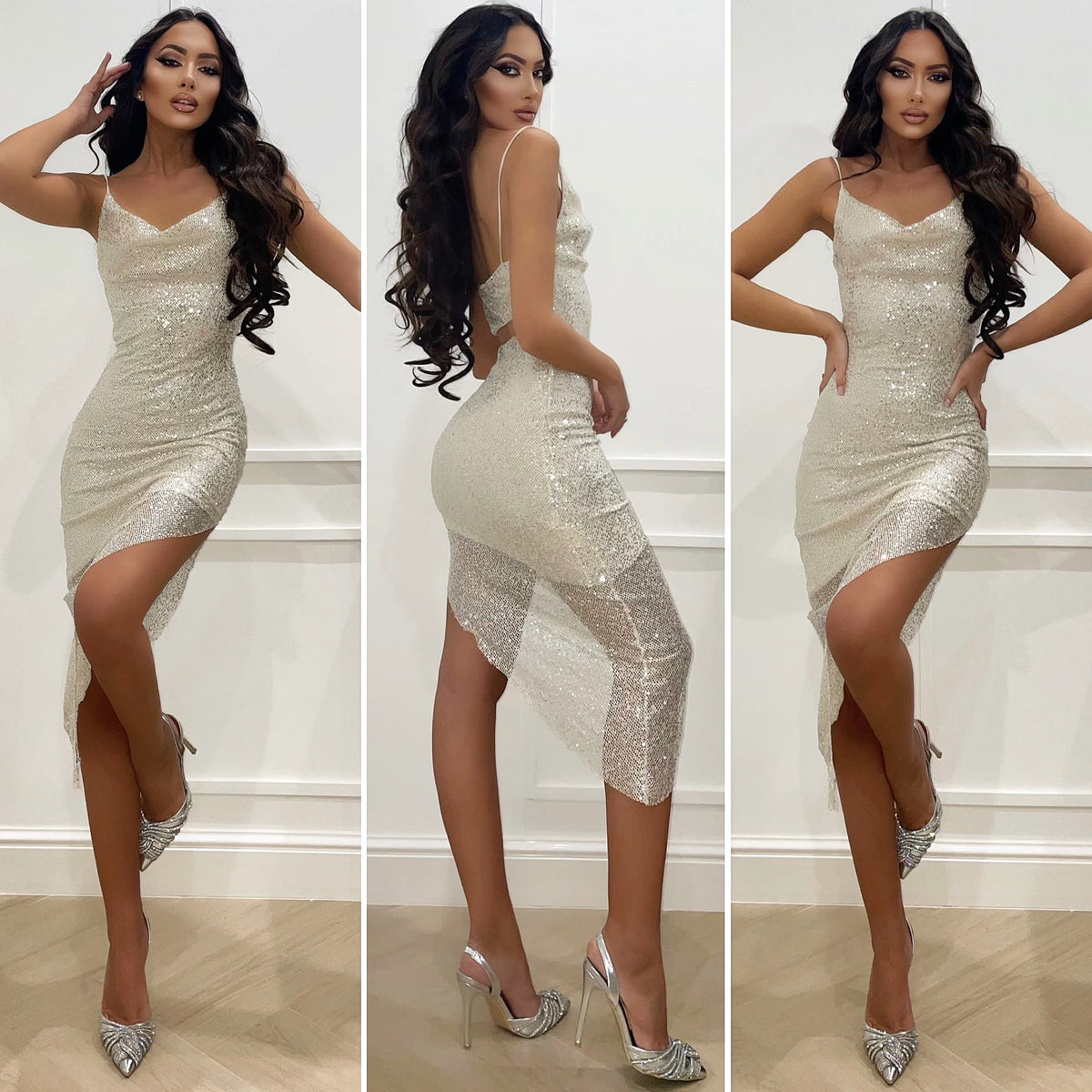 Abito midi bianco con paillettes