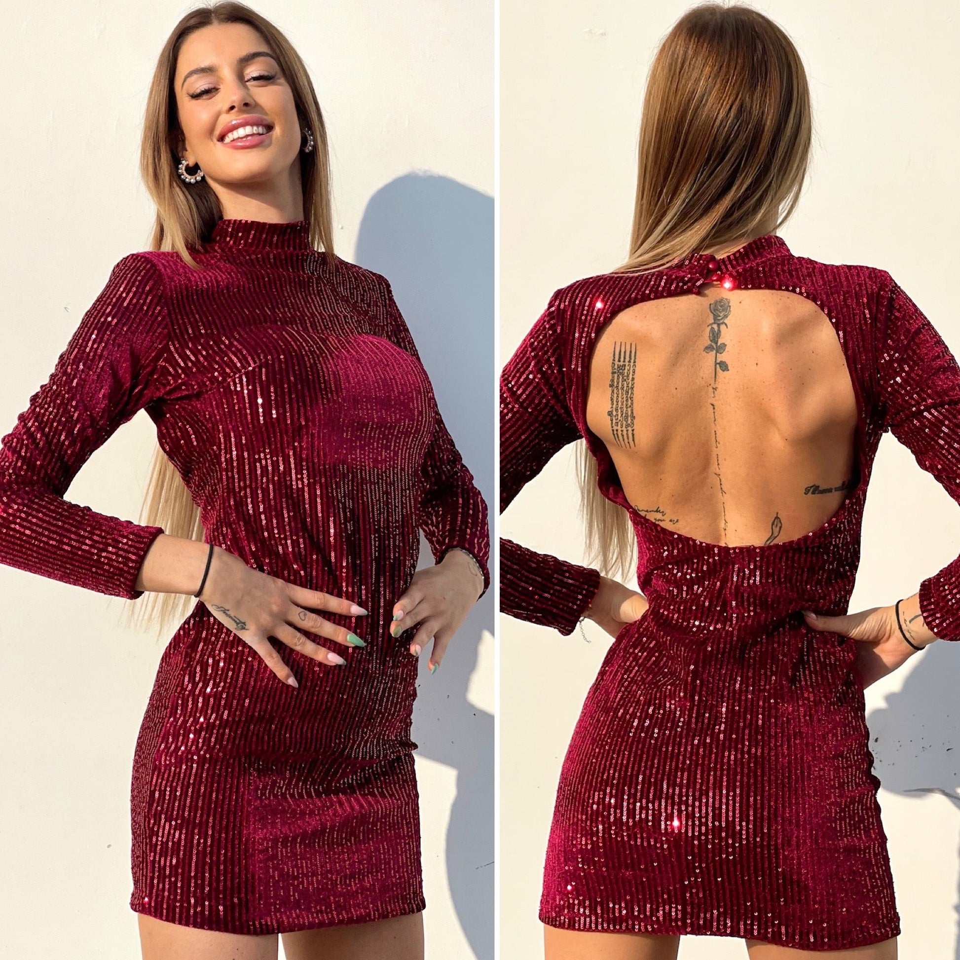 Abito schiena aperta in paillettes rosso