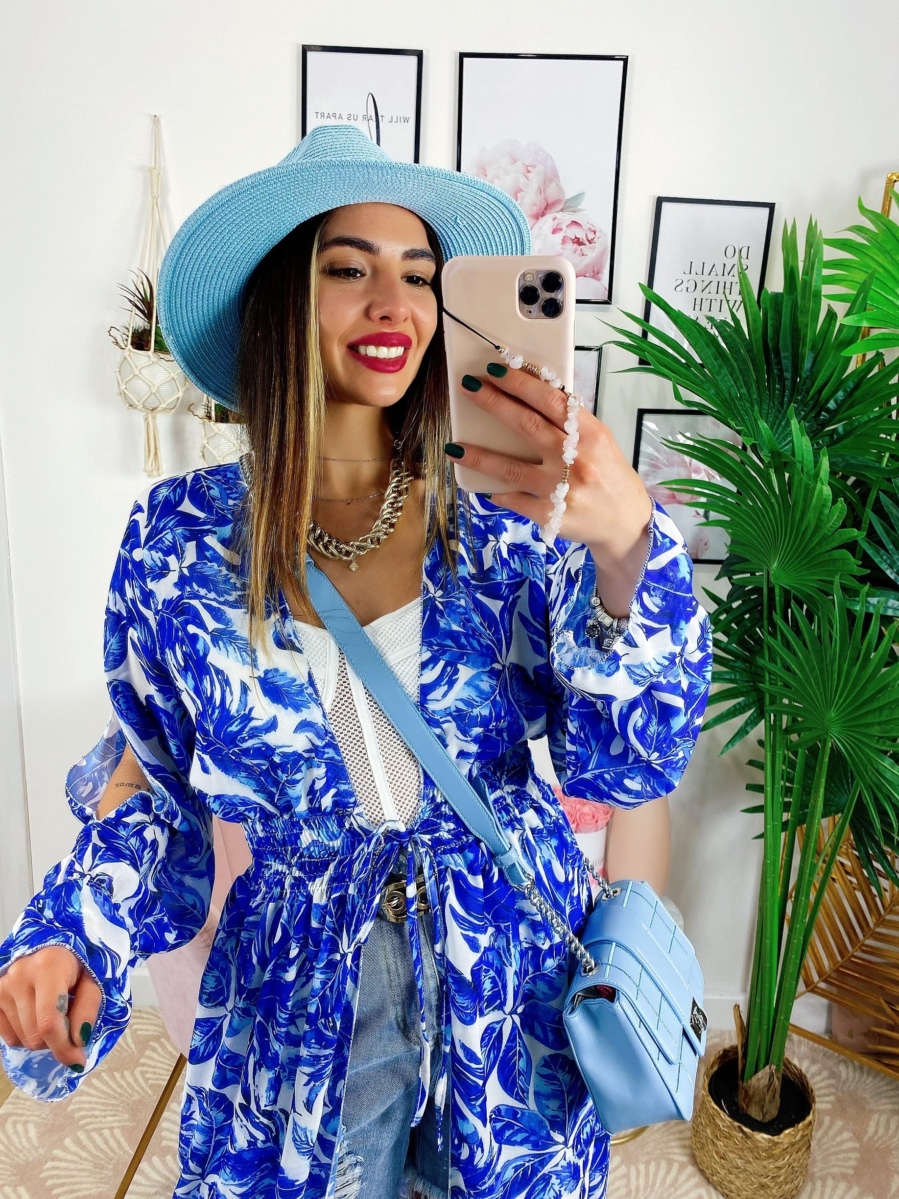 Kimono base floreale Blu