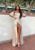 Abito beige scollo a barchetta
