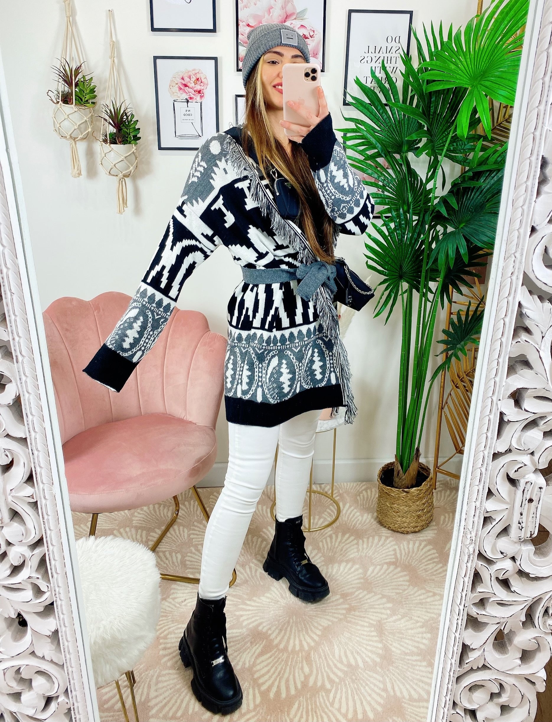 Cardigan Black/Grigio con frange e cinta