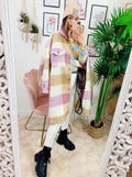 Giacca a quadri lilla/beige lunga con frange