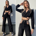 Jeans nero con doppia catena argento