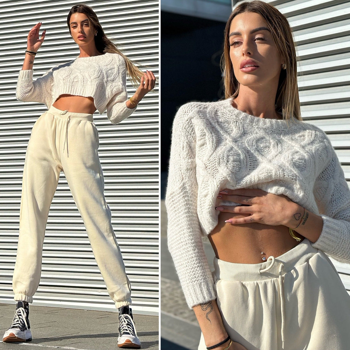 Maglioncino crop panna a trecce