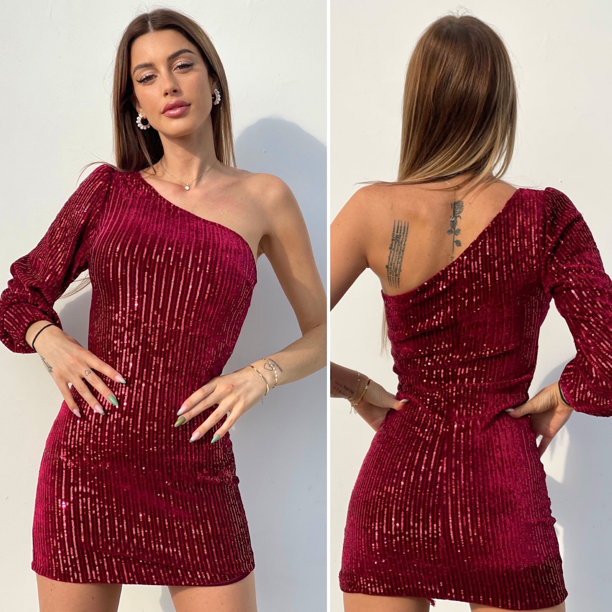 Abito con paillettes monospalla Bordeaux