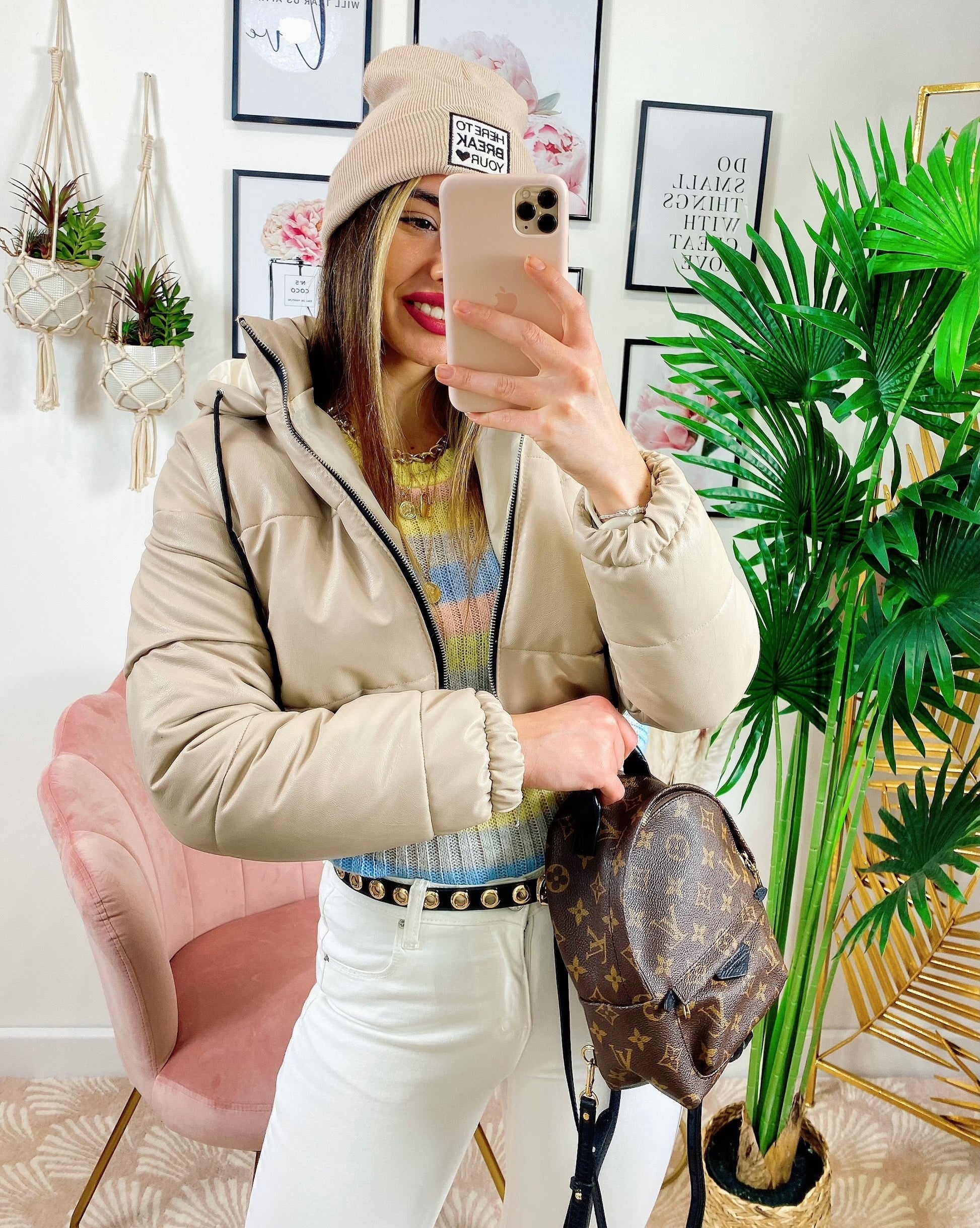 Bomber crop in ecopelle Beige