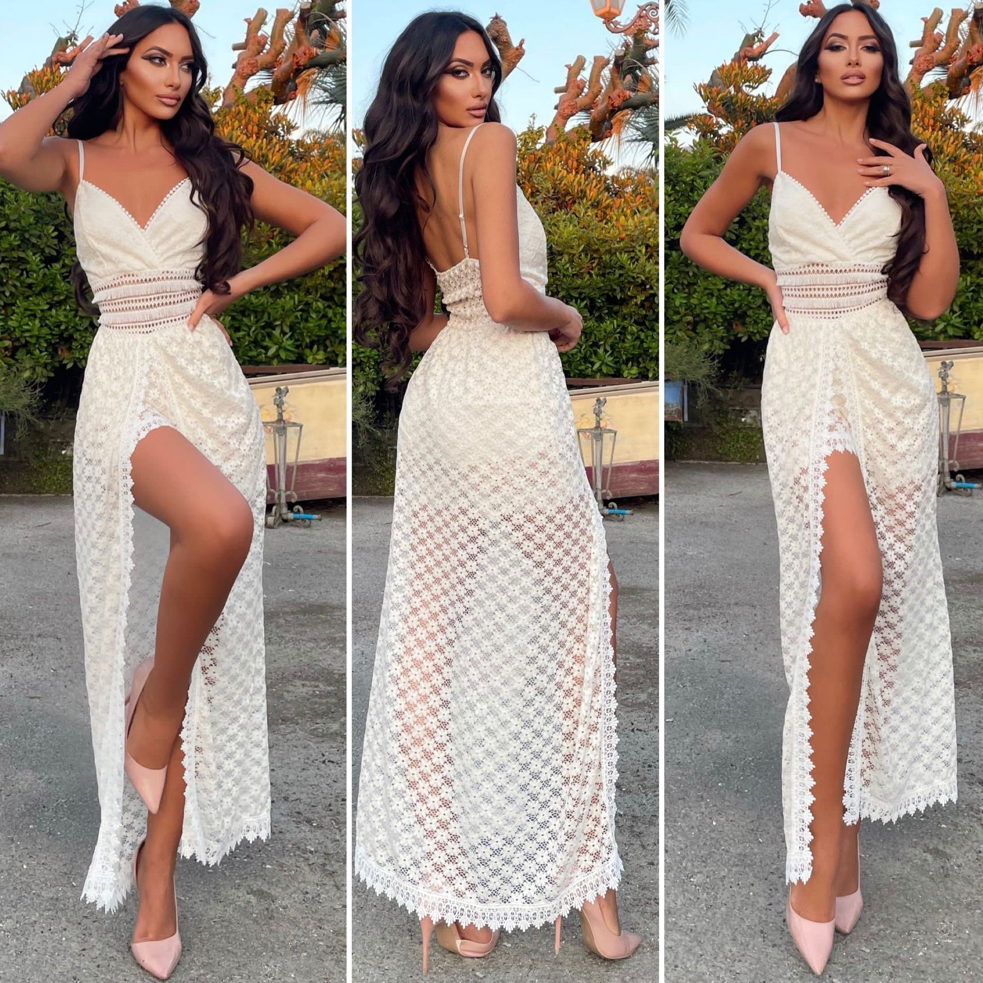 Tutina con maxi gonna in pizzo bianco